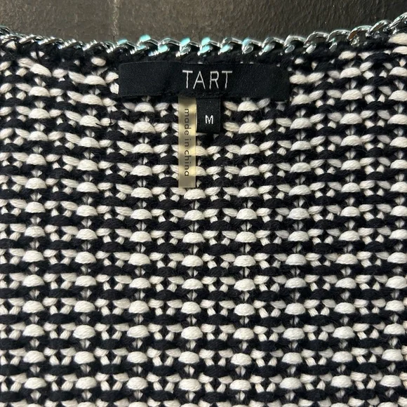 Tart Black & White Cardigan, Suede Shoulders & Silver Chain Stitching, Medium - Picture 5 of 8